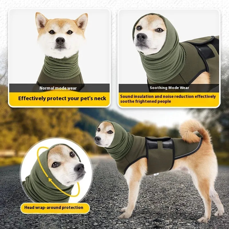 Army green dog anti-anxiety jacket wrapped around a dog's torso.