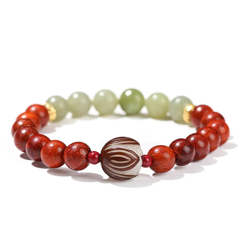 Women's red rosewood and grey jade bracelet with eight 12mm Bodhi lotus seed beads in Chinese style.