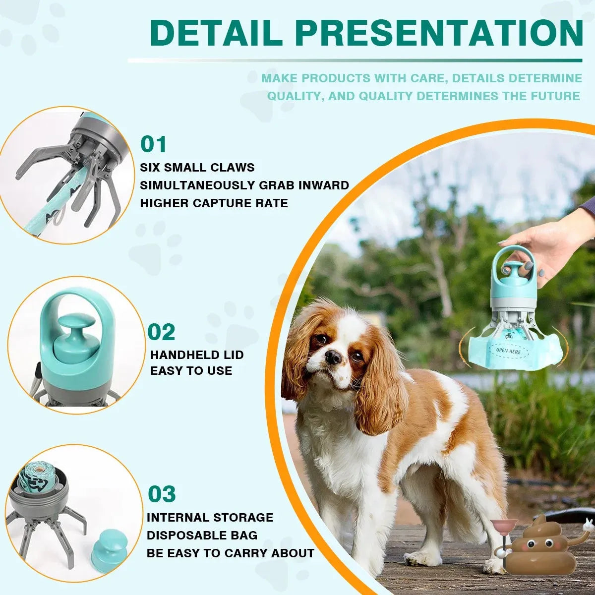 Blue and orange portable pet waste scooper with claw mechanism and built-in bag dispenser