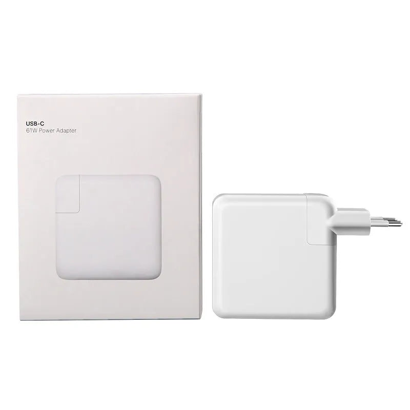 Compact square white laptop USB-C power adapter with optional international plug heads