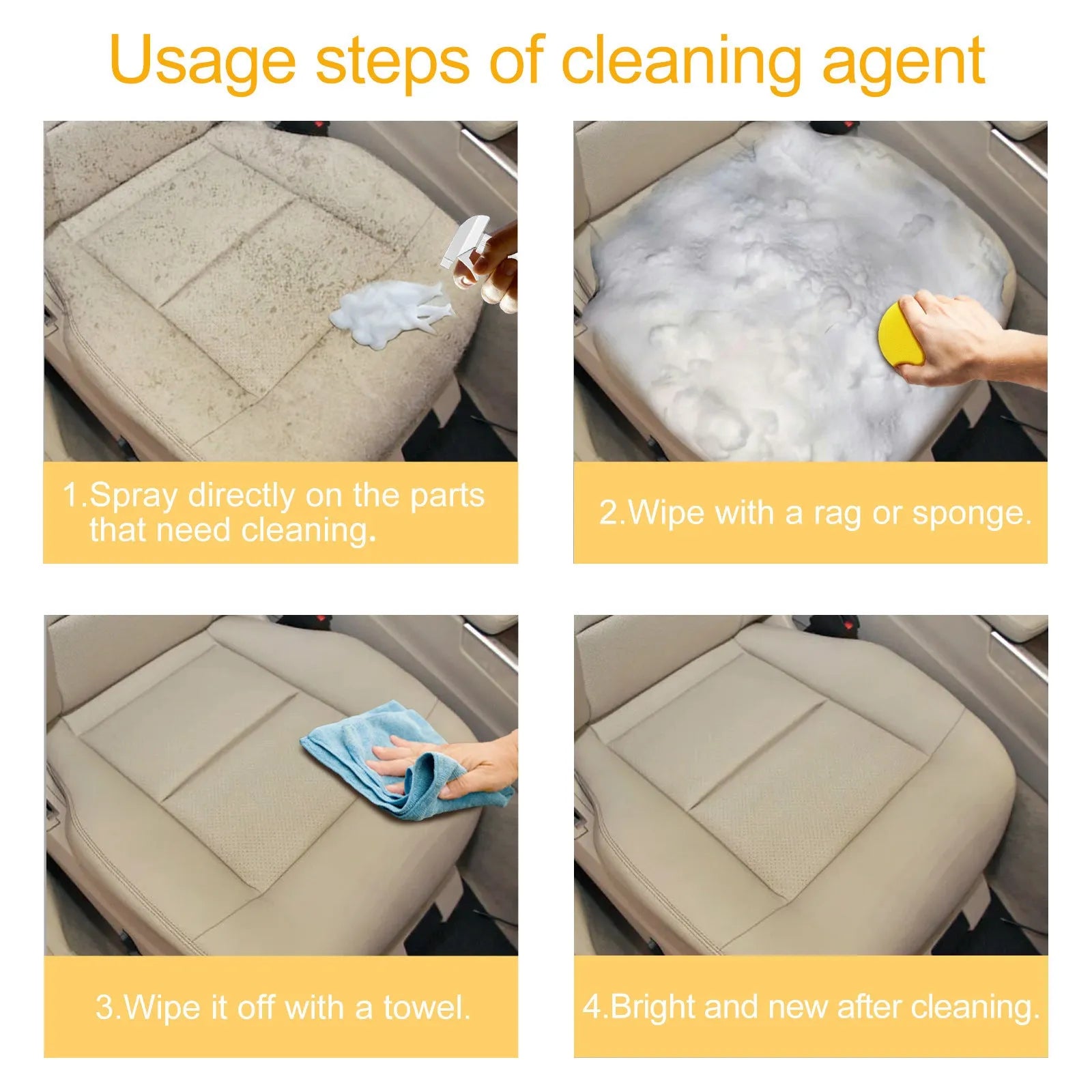 Car interior wash-free foamed cleaner with sponge applicator for fabric and upholstery cleaning