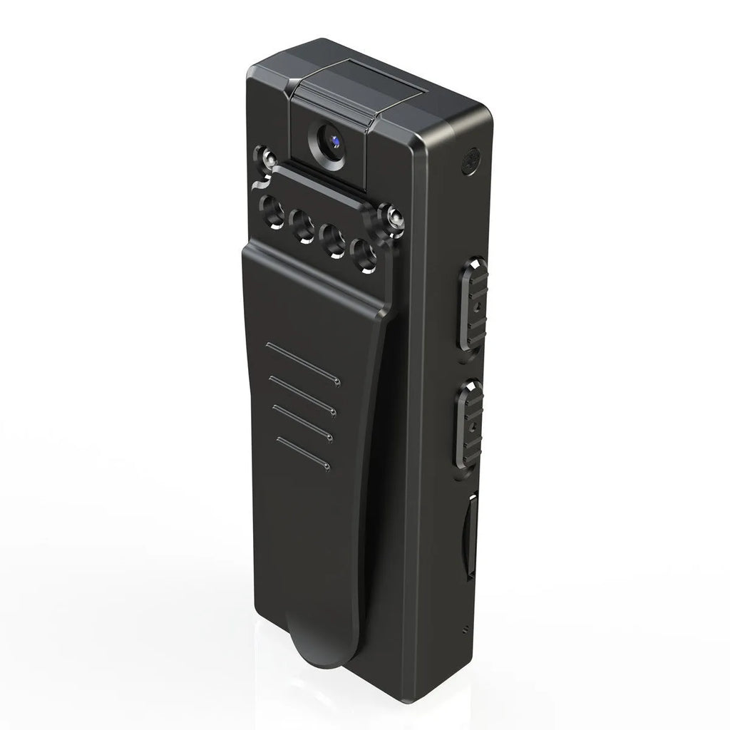Black 1080p HD DV home camera with 90-degree rotation, night vision, and TF card slot for home security.