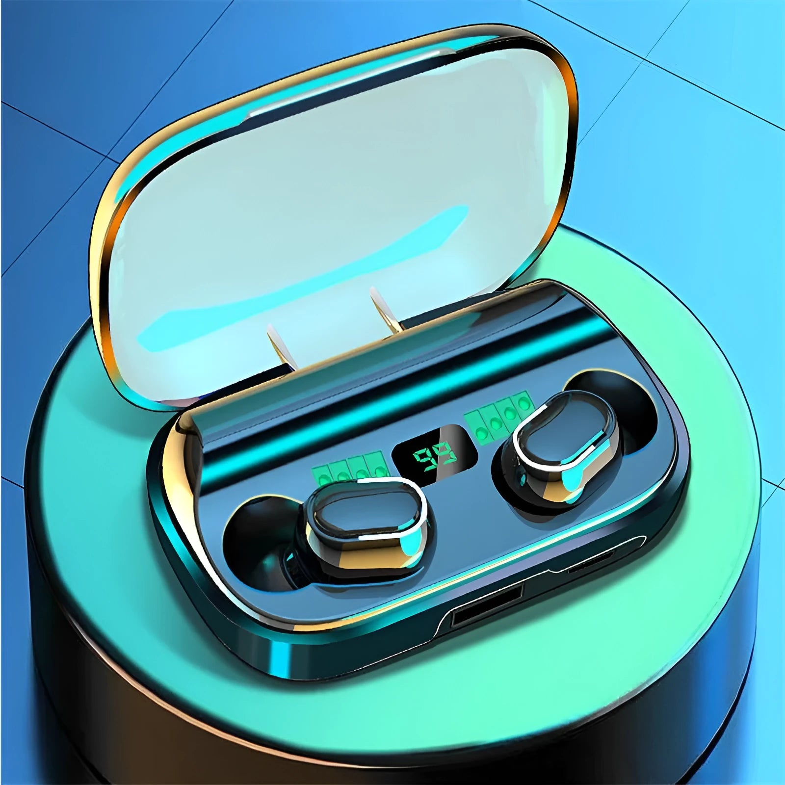 Black TWS digital display XT01 Bluetooth headphones with charging case showing white and blue indicator lights.