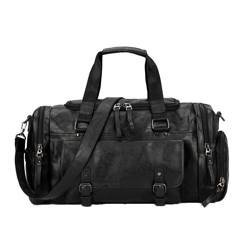 Black travel bag with shoe compartment measuring 52cm height, 19cm width, and 27cm depth