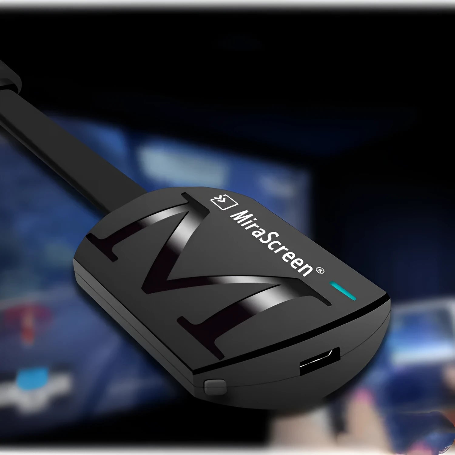 Compact black HDMI mobile phone to TV adapter dongle for 1080p screen mirroring.