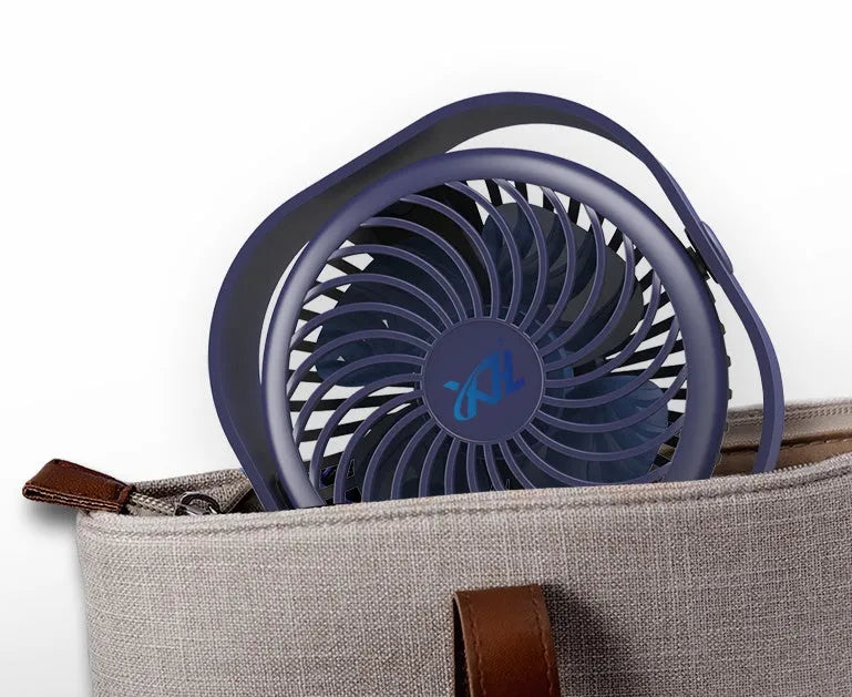 USB desk fan with alarm clock, 360-degree rotation, in pink, green, white, or deep blue, measuring 135x135x59mm