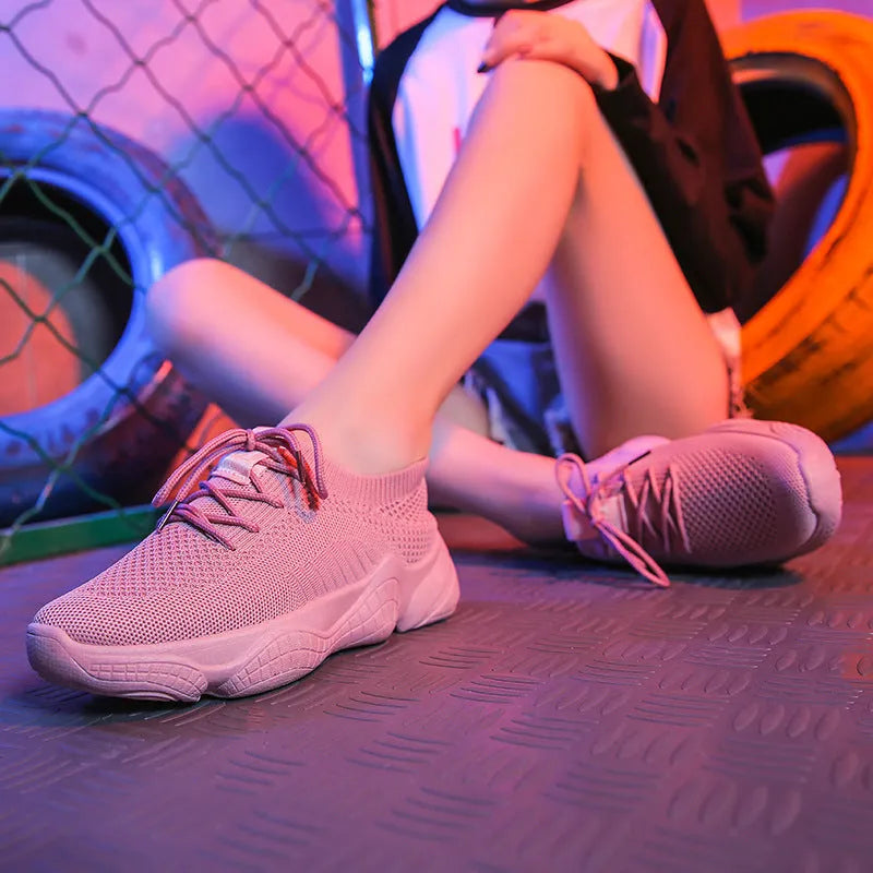 Women's white thick-soled flying woven sports shoes with front strap and round toe in sizes 35-40