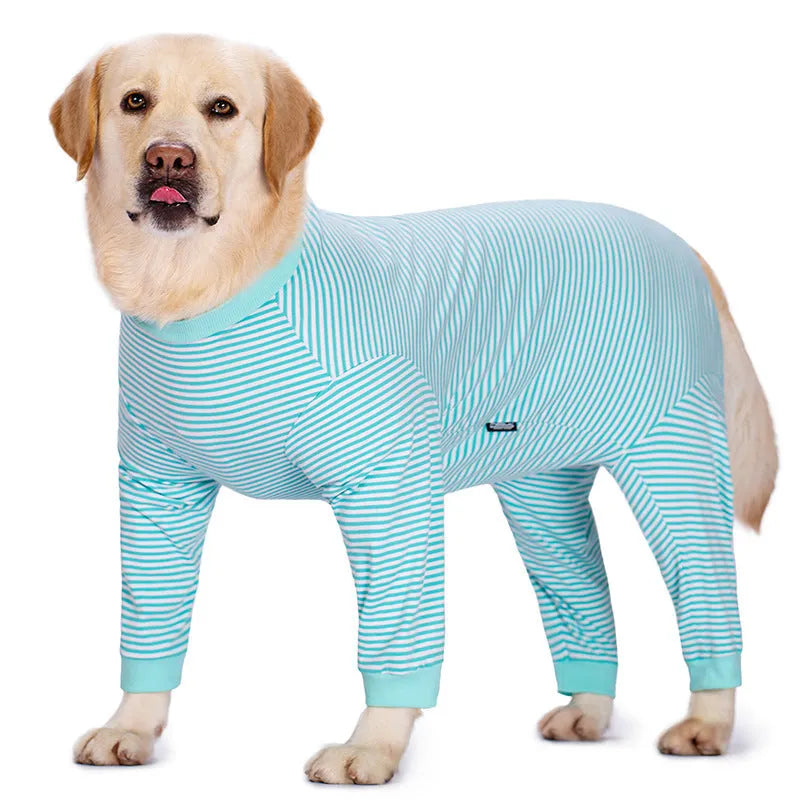 Four-legged dog shirt in striped pattern with sizing from 26 to 38 yards for medium to extra-large breeds
