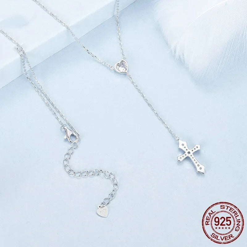 Simple V-neck Love Cross Necklace with 2.5cm silver pendant on adjustable 45cm chain