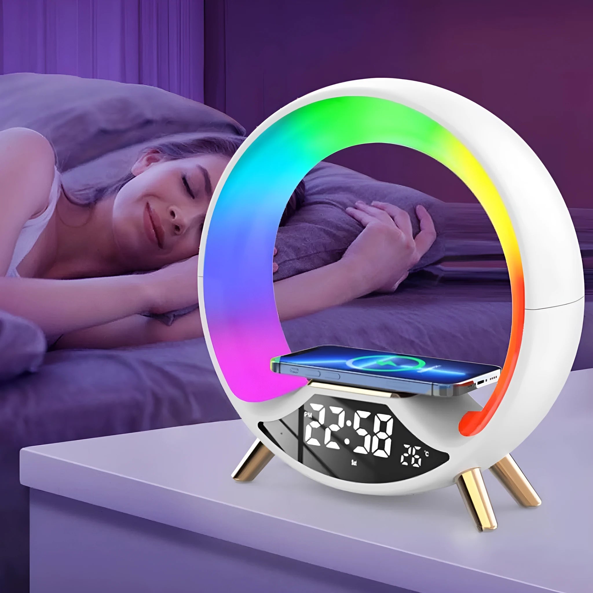 Black multifunctional bedside lamp with wireless charging pad, speaker grille, LED clock screen, and adjustable light.