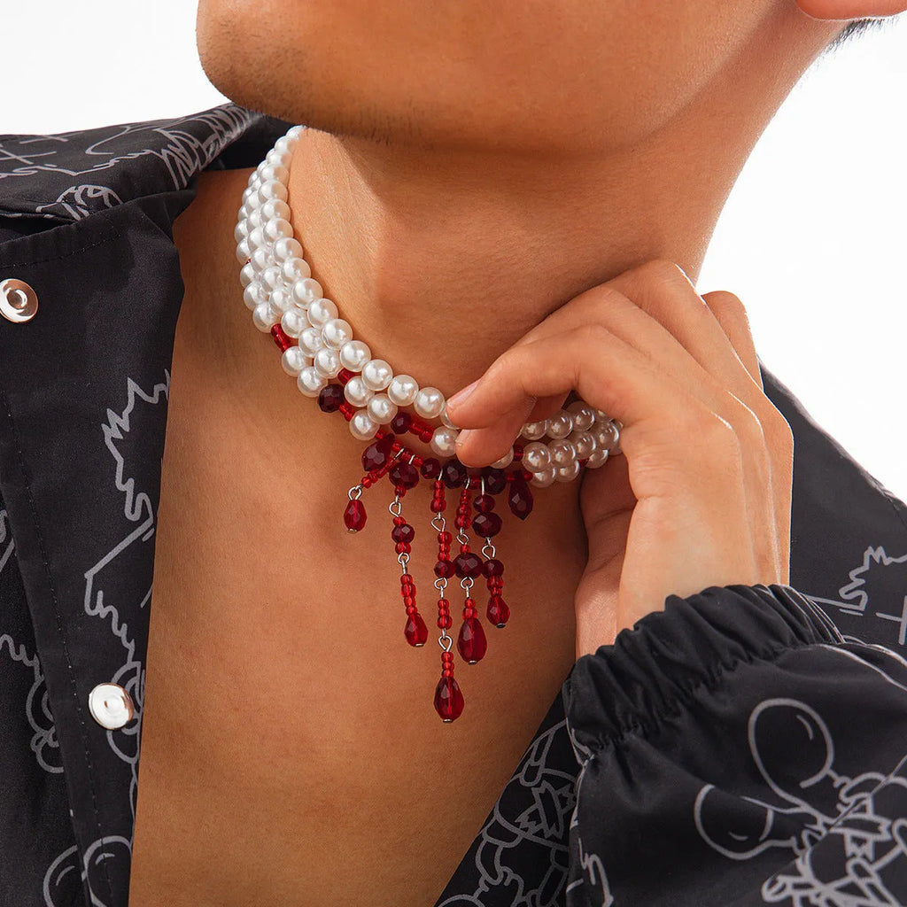 Halloween blood drop tassel necklace with artificial crystal pendant and imitation pearl accents on adjustable chain