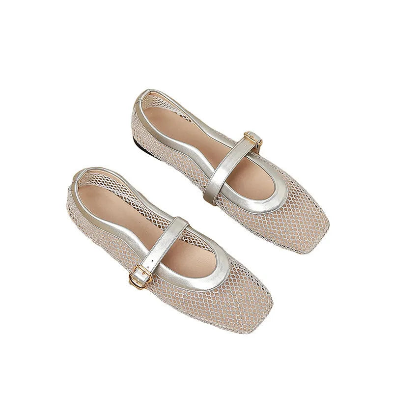 Women's beige mesh summer hiking pumps with a buckle and flat heel on a plain background.