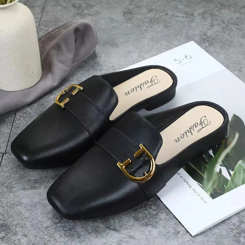 Women's PVC closed-toe slippers with buckle fastening in black, brown or white colours