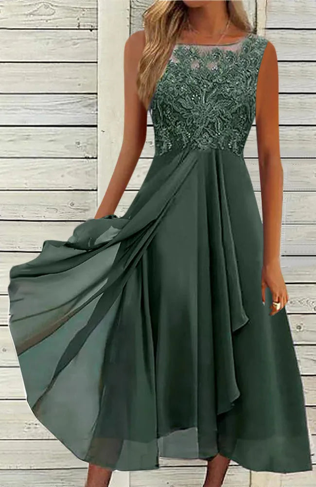 Women's sleeveless chiffon dress with hollow-out lace stitching in green, showing mid-length skirt and princess style silhouette