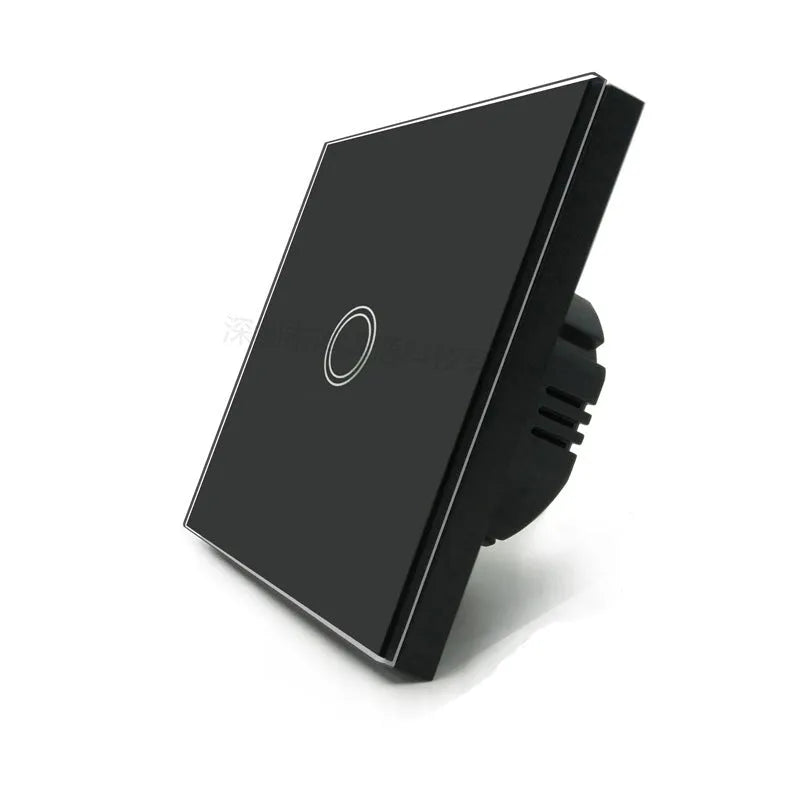 Touch switch with tempered glass panel for lighting control, 86mm square dimensions