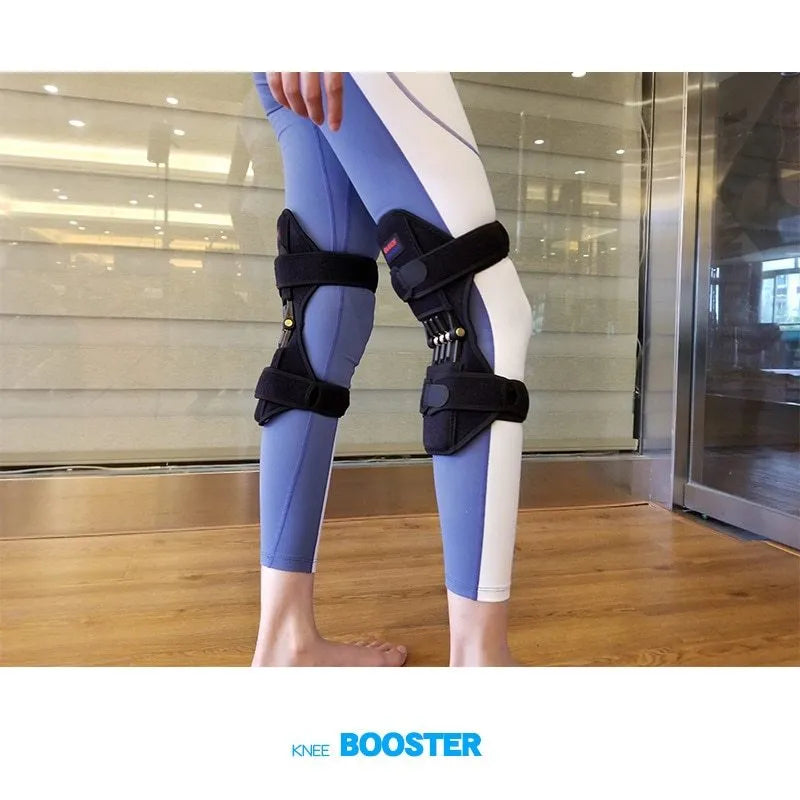 Knee brace with patella booster spring, adjustable length, breathable fabric, for mountaineering and sports support
