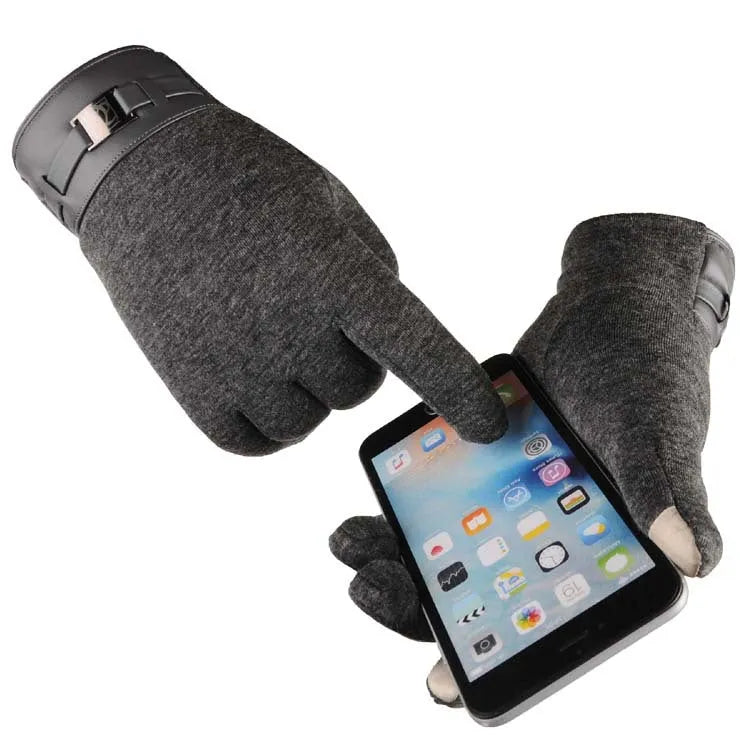 Men's touchscreen gloves in black, brown, or grey with plain cloth and warm lining
