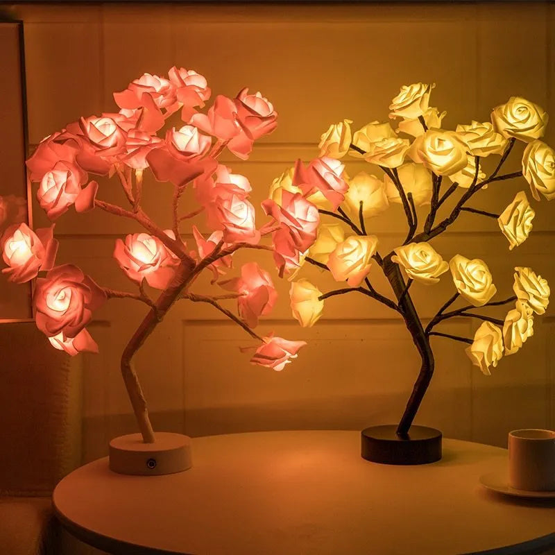 White and red rose flower shaped LED table lamp with bonsai tree garland lights, powered by battery or USB.