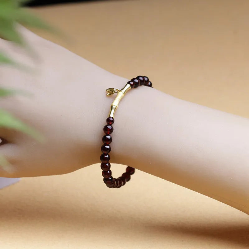 Natural garnet bamboo joint single ring bracelet with 6mm diameter in copper or silver finish