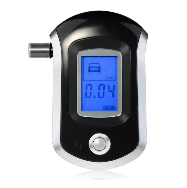 Black breathalyser alcohol tester with digital display and mouthpiece for blood alcohol concentration measurement
