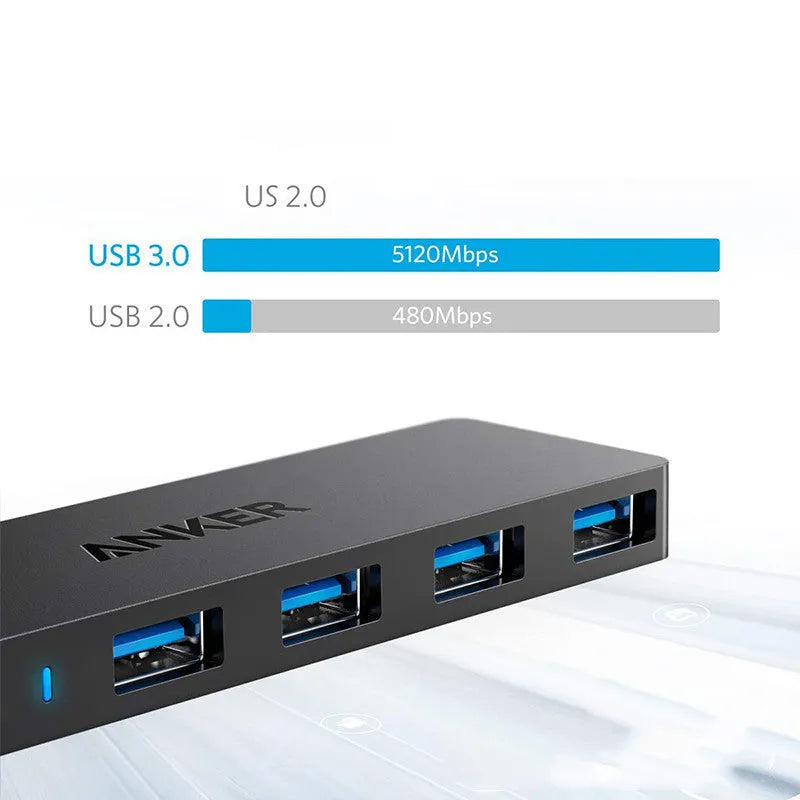Black Anker USB 3.0 hub with four ports and a 20cm cable on a desk.
