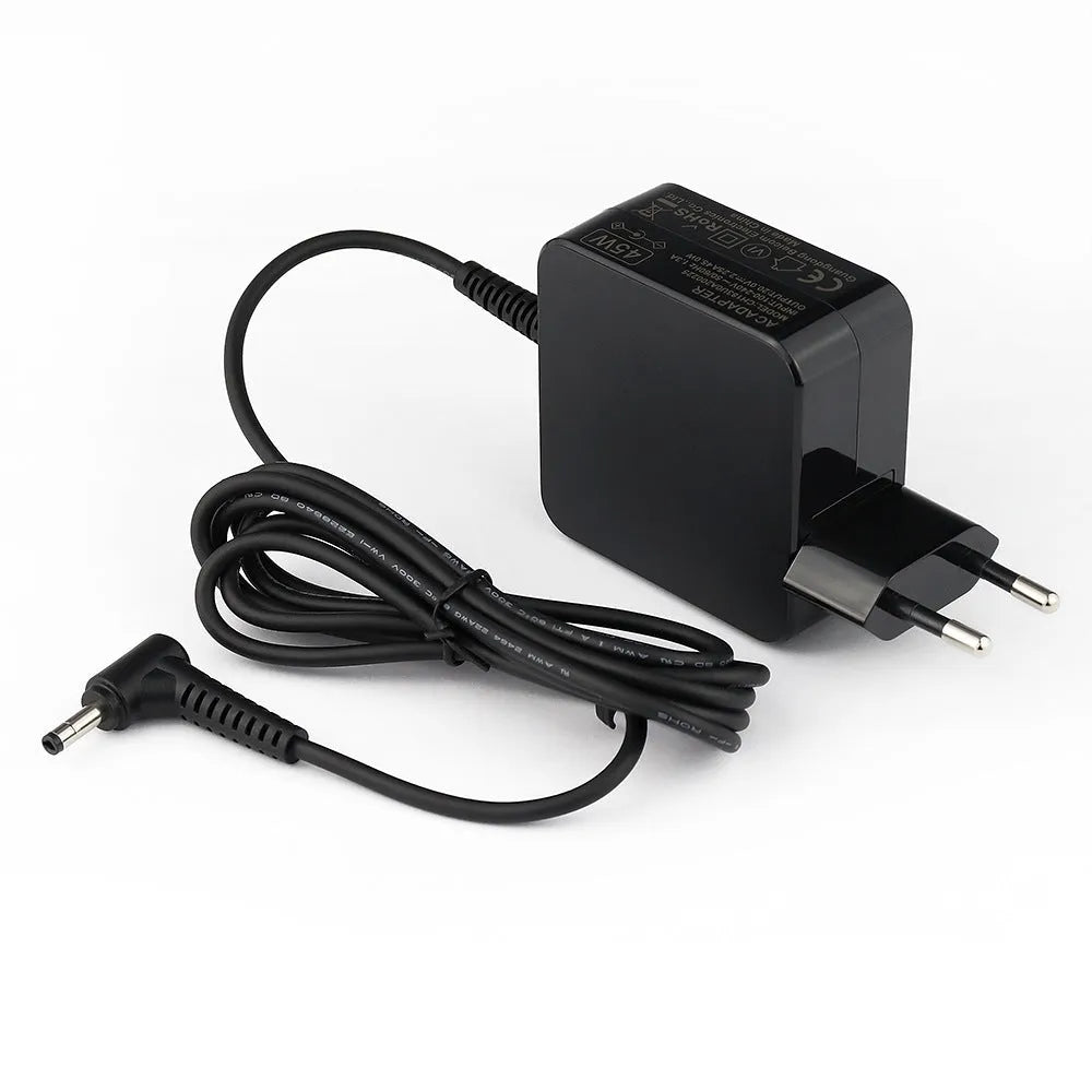 Black 45W laptop adapter with DC connector measuring 99.3x36.5x61.8mm, compatible with US and EU outlets