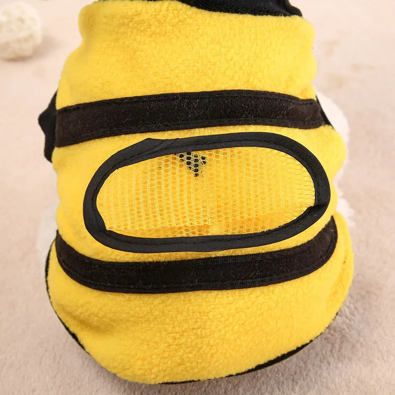 Yellow bee fleece dog jumpsuit, transformation style, sizes 6 to 18