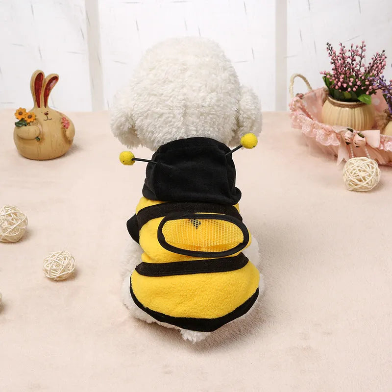 Yellow bee fleece dog jumpsuit, transformation style, sizes 6 to 18