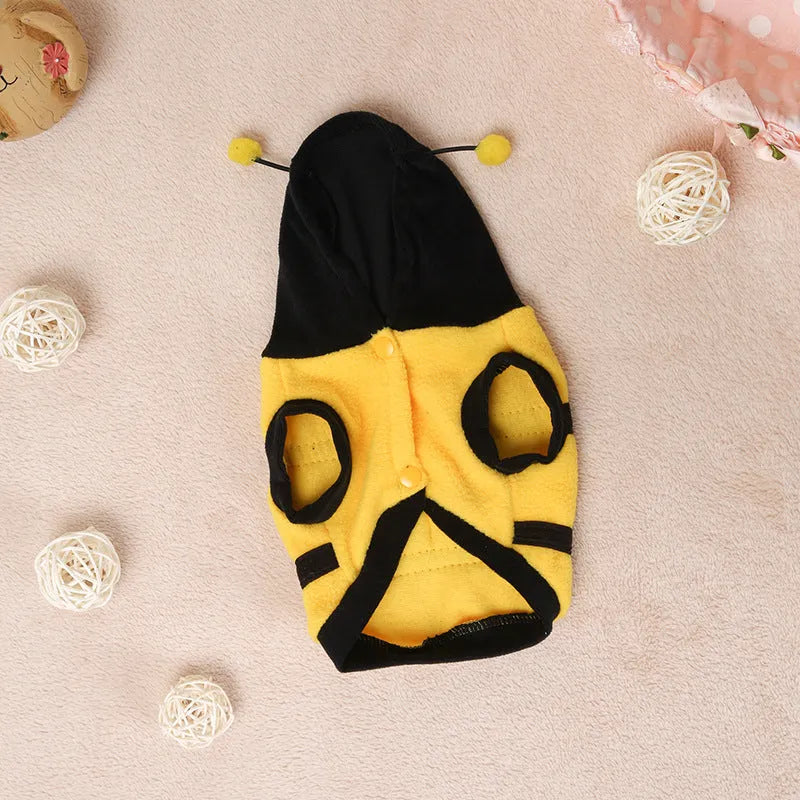 Yellow bee fleece dog jumpsuit, transformation style, sizes 6 to 18