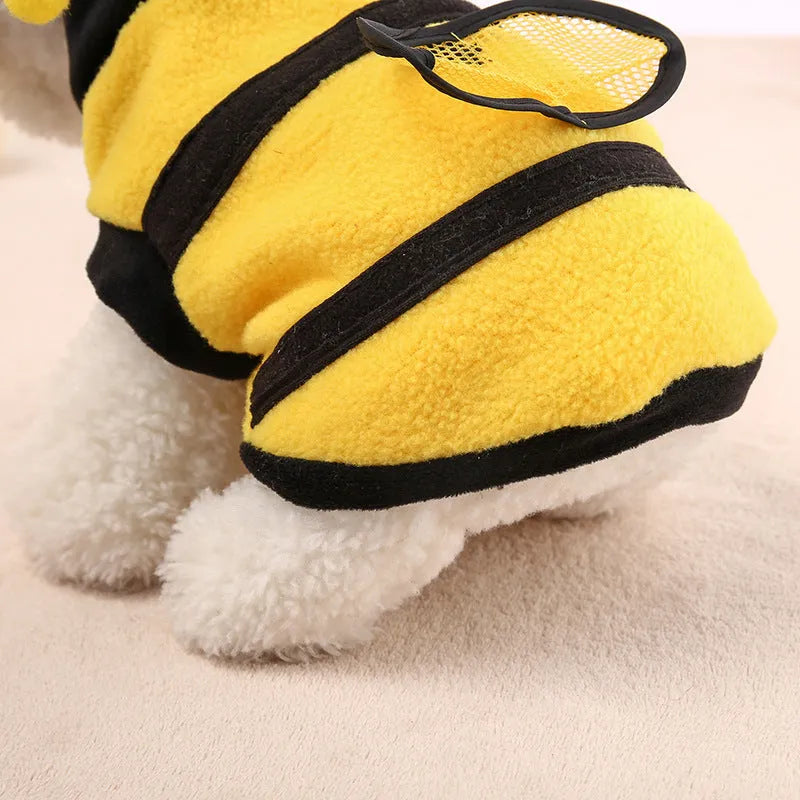 Yellow bee fleece dog jumpsuit, transformation style, sizes 6 to 18
