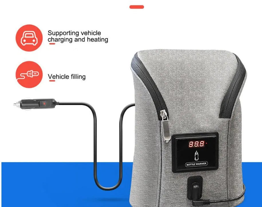 Grey portable baby bottle warmer with electronic display, car charger, and buckle for hanging on prams