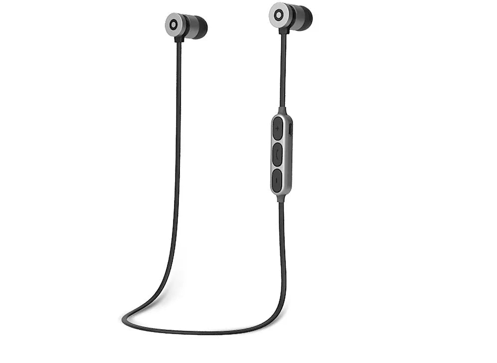 Black wireless sports Bluetooth headset with neckband design and magnetic in-ear earpieces