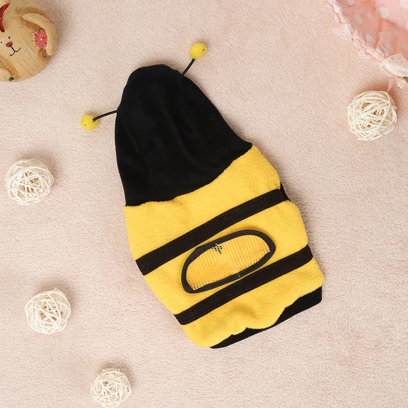 Yellow bee fleece dog jumpsuit, transformation style, sizes 6 to 18