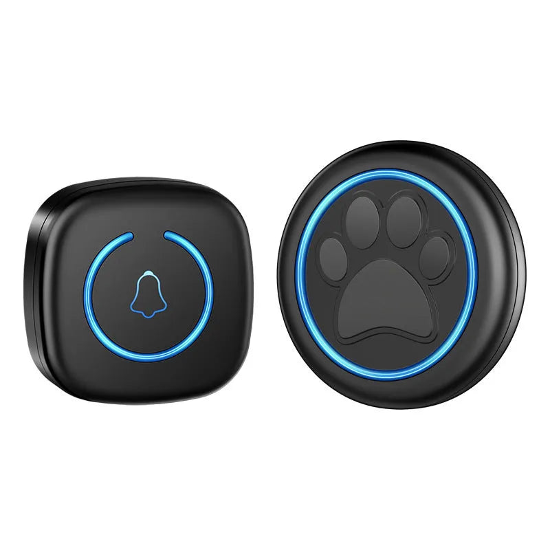 Black and white waterproof pet touch doorbell for dog training with wireless receiver.