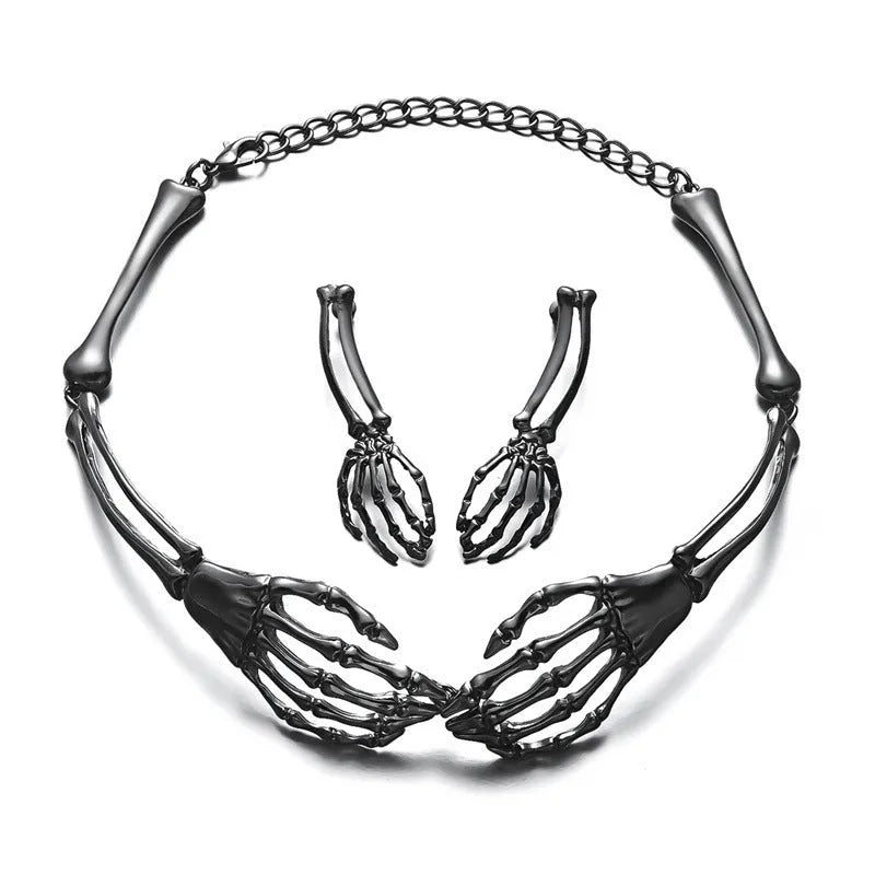 Dark style skull and ghost hand jewellery set with matching necklace and earrings in electroplated alloy
