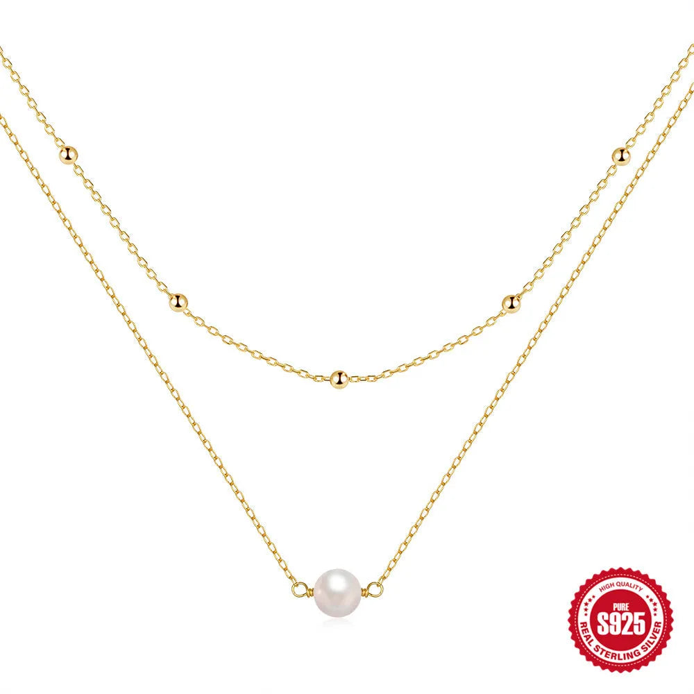 S925 sterling silver double layer necklace with twin pearls on a ball bead chain in gold or white gold colour