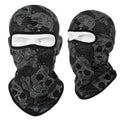 Motorcycle breathable skull mask in Bakool silk fabric showing 36x29cm dimensions with elastic edges and skull design pattern