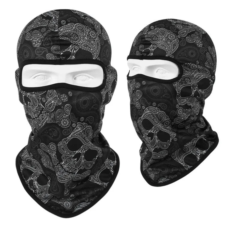 Motorcycle breathable skull mask in Bakool silk fabric showing 36x29cm dimensions with elastic edges and skull design pattern