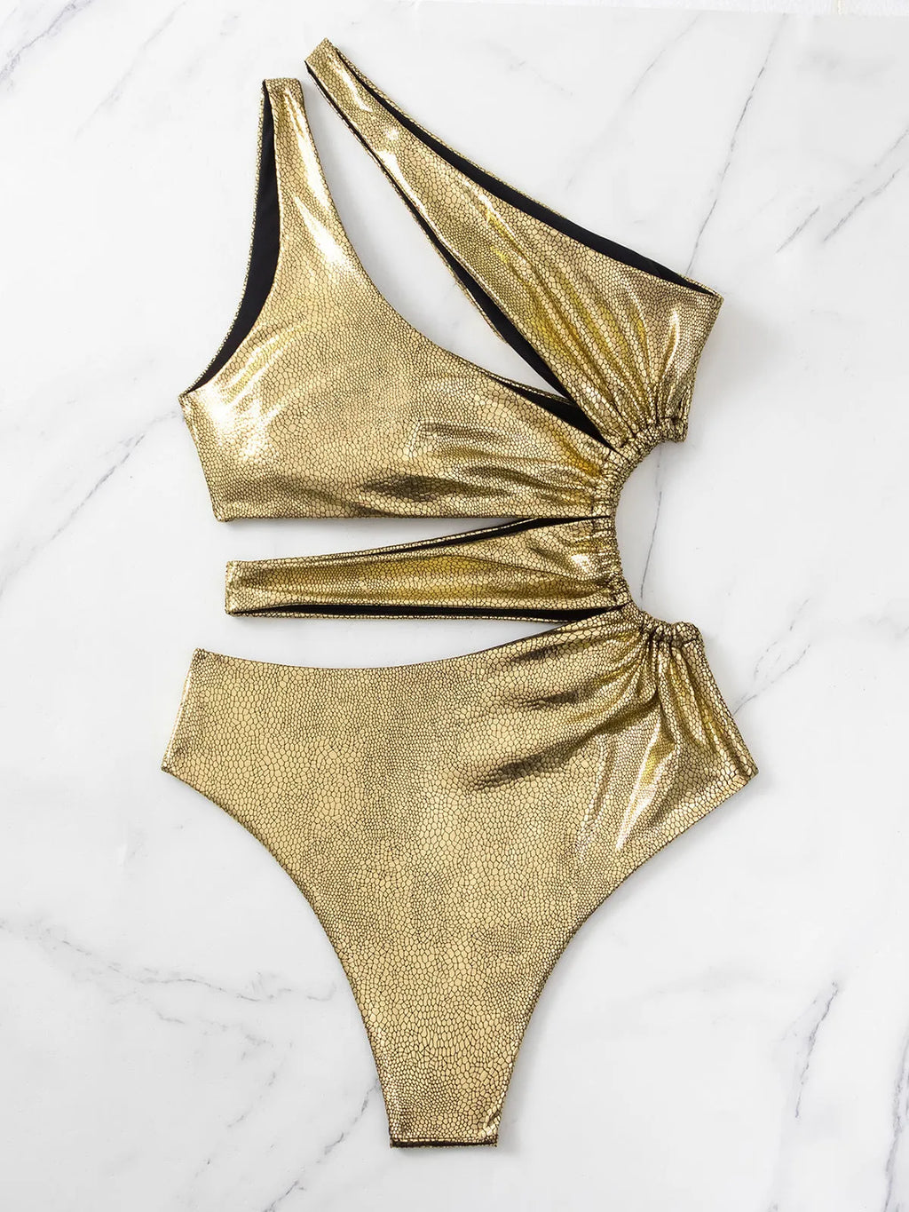 Women's one-piece swimsuit in solid gold colour with backless design and spandex material for high elasticity.