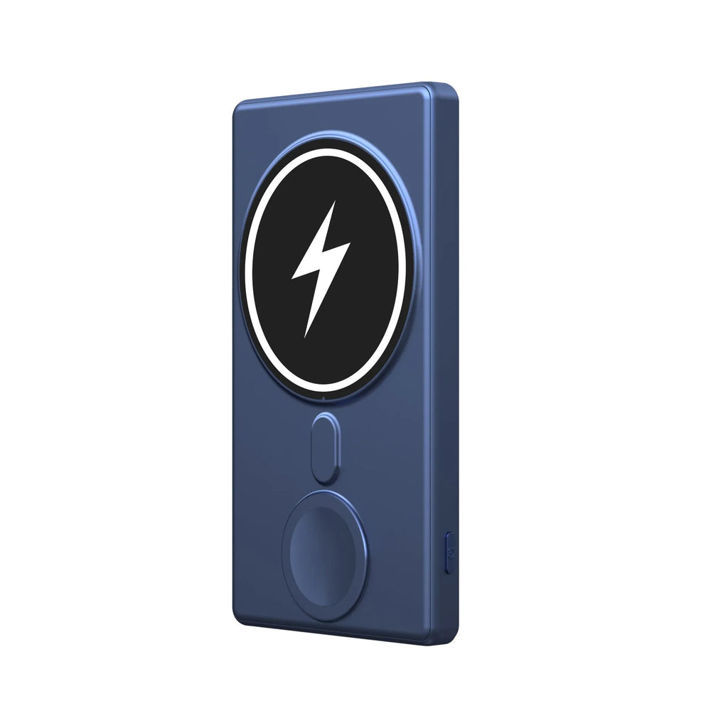 Black and blue slim magnetic wireless charging power bank showing 5000mAh capacity and three charging outputs.