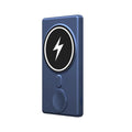Black and blue slim magnetic wireless charging power bank showing 5000mAh capacity and three charging outputs.