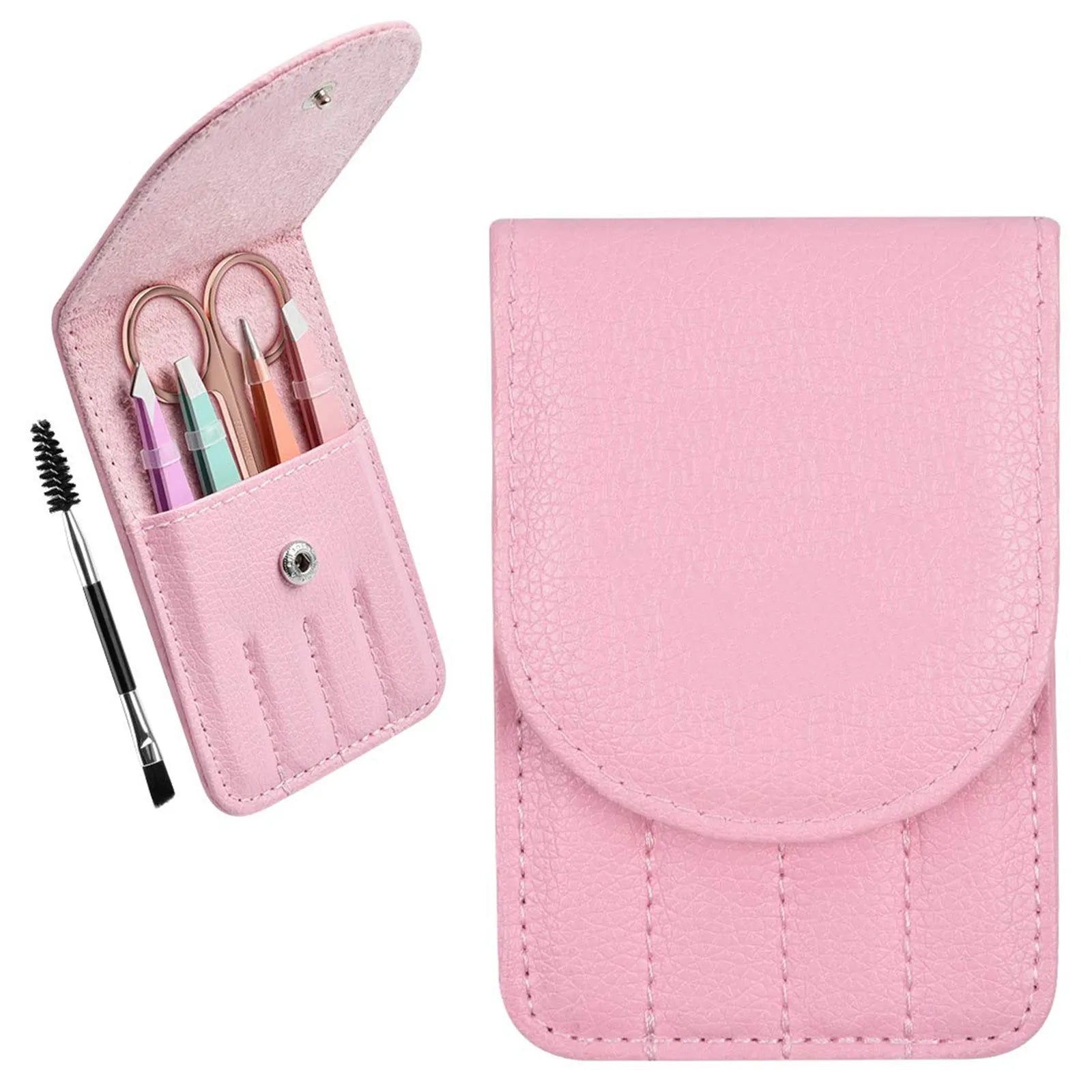Professional stainless steel eyebrow tweezers set with curved scissors and leather case