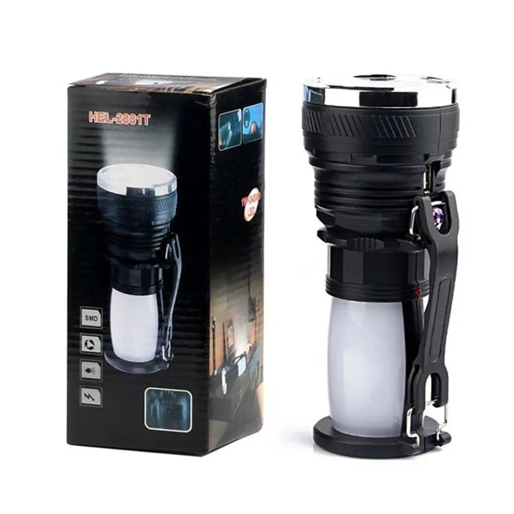 Black solar charging LED flashlight with USB port and press switch for outdoor emergency use