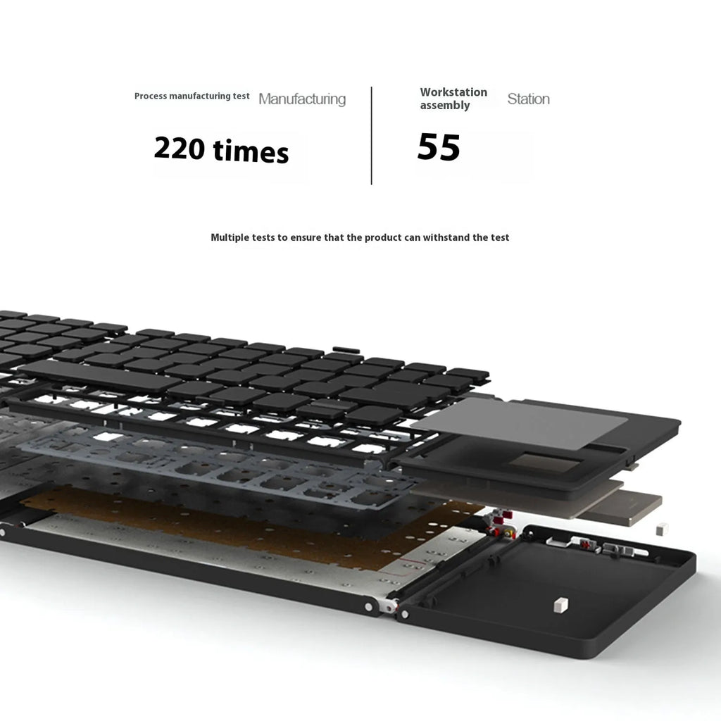 Black mini tri-fold Bluetooth keyboard showing folded thickness of 0.8cm beside tablet
