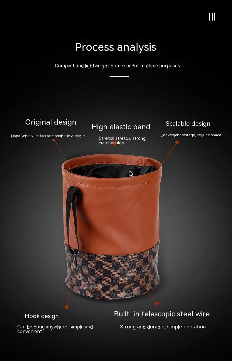 Leather retractable car trash can showing folded and expanded states with handle