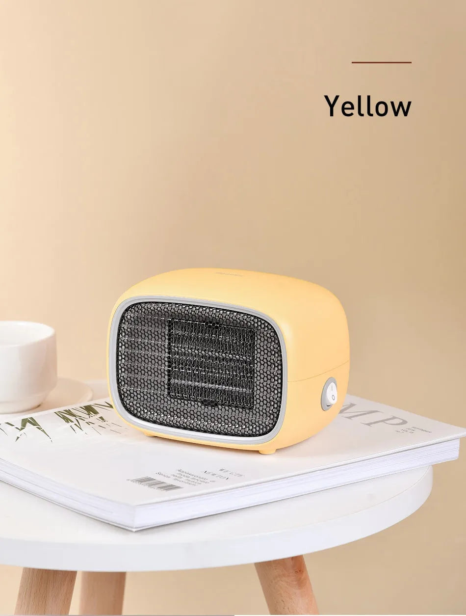 Mini home heater in green, white, or yellow with PTC ceramic heating, 500W power, and compact 158mm dimensions