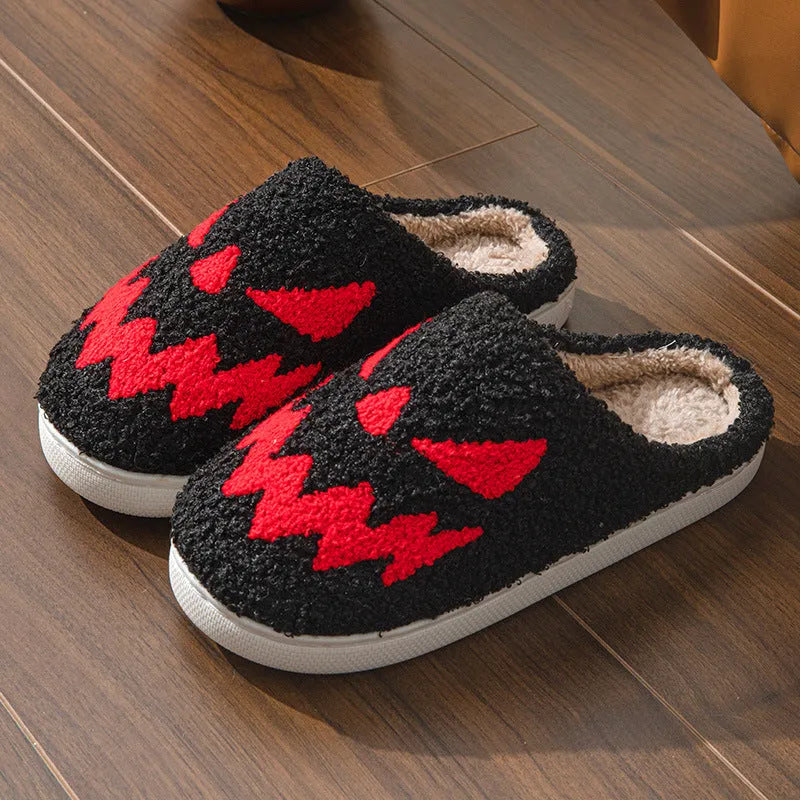 Halloween couple indoor slippers with ghost face embroidery in suede and PVC sole