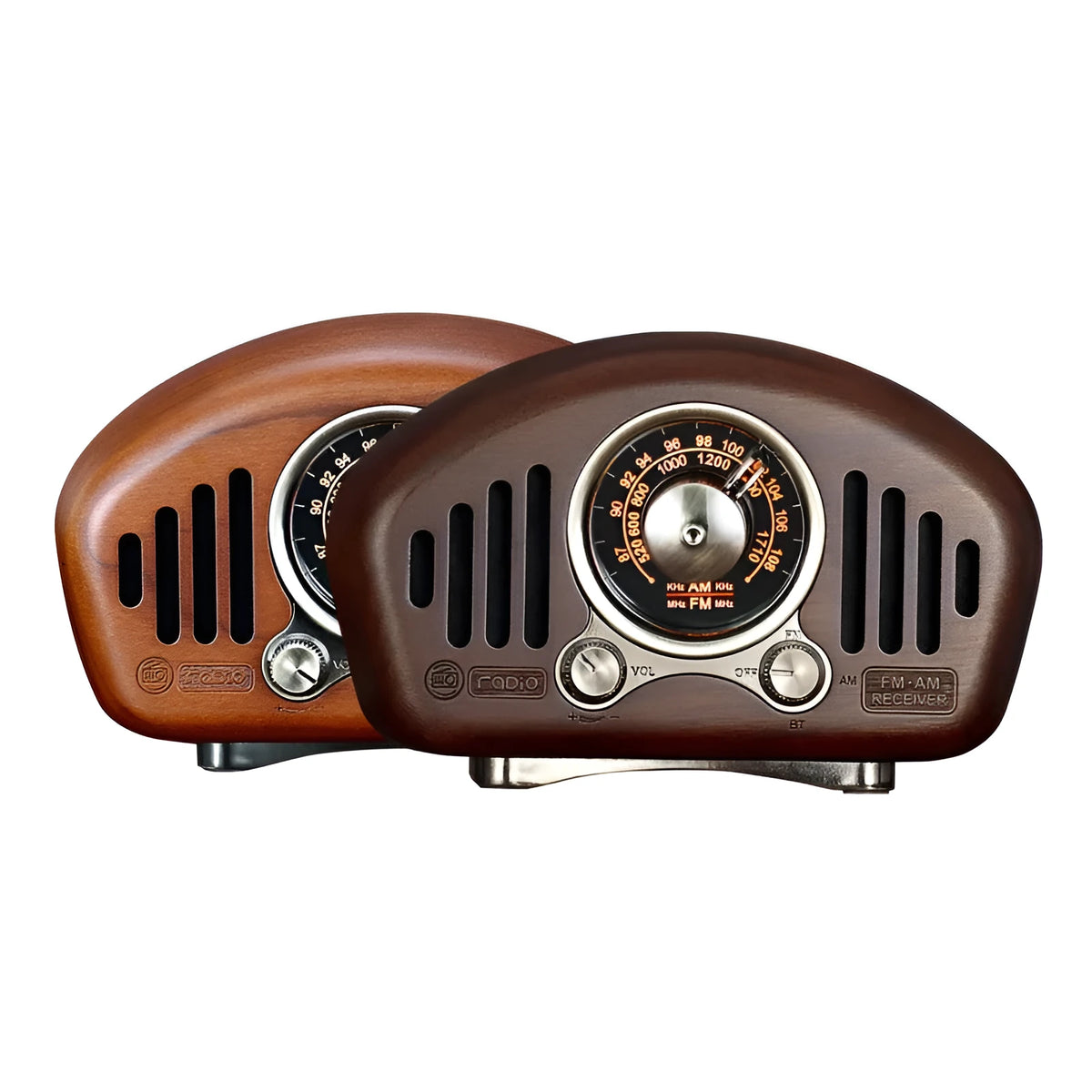 FMAM portable Bluetooth speaker with FM radio in Cherry or Walnut, 3600 mAh battery, USB interface.