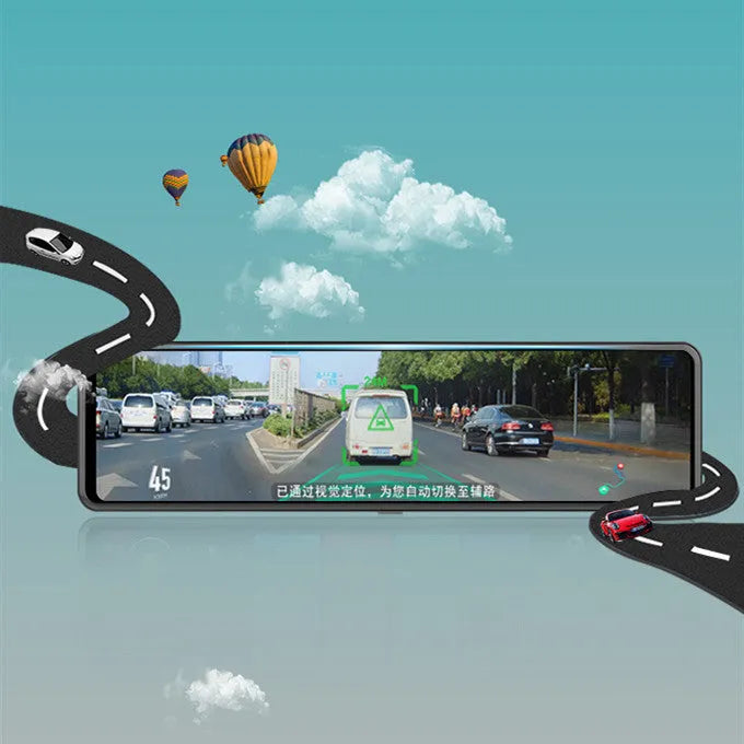 Black dual-channel car dash camera mounted as rearview mirror with touch screen and wide-angle lens