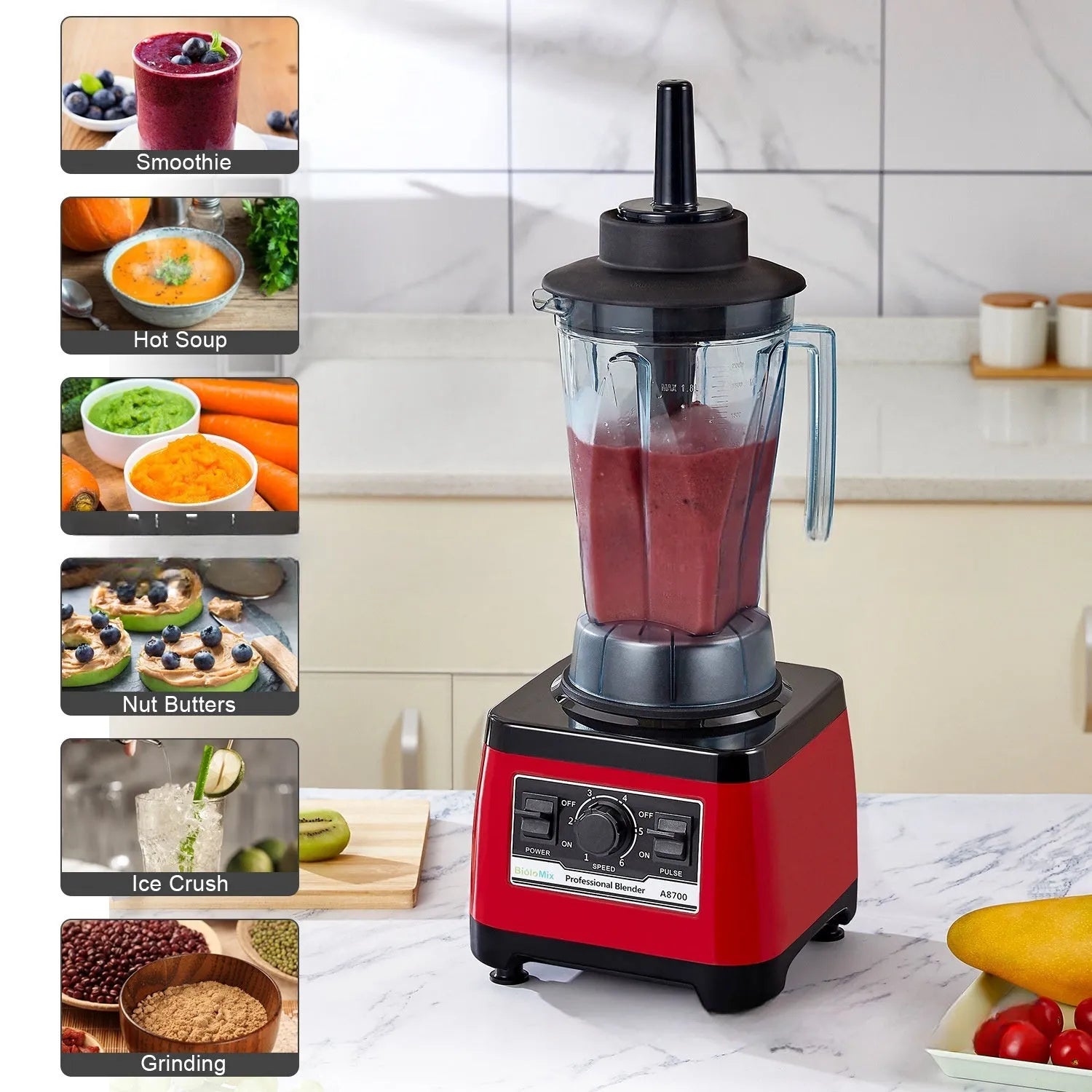 Red commercial blender with 2200W motor and 2L capacity for industrial kitchen use